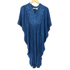 Pretty Pink Blue Embroidered Western Boho Kaftan Dress Butterfly Sleeve L
